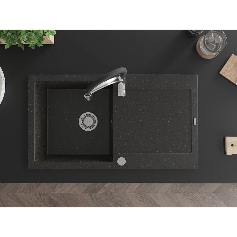 Mexen Leo chiuvetă de granit cu 1 compartiment cu scurgător și baterie de bucătărie Aster, negru/auriu metalizat