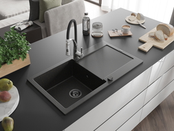 Mexen Leo chiuvetă de granit cu o cuvă și scurgător și baterie bucătărie Aster, negru/auriu metalizat - 6501-75-73450-07-B