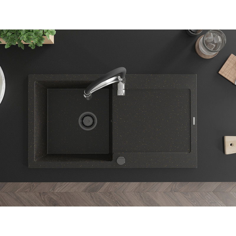 Mexen Leo gránit mosogató 1-medencés csepptálcával és Aster konyhai csapteleppel, fekete/arany metál - 6501-75-73450-07-B