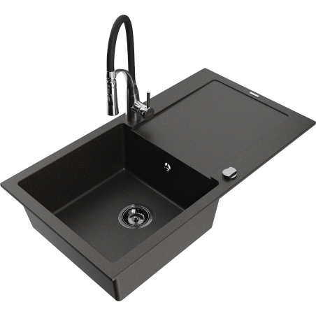 Mexen Leo chiuvetă de bucătărie din granit cu o cuvă, cu scurgător și baterie de bucătărie Aster, negru/auriu metalizat