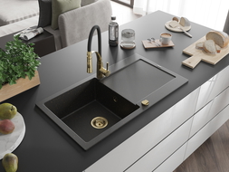 Mexen Leo chiuvetă granit 1-cameră cu picurator și baterie bucătărie Aster, negru/auriu metalic - 6501-75-73450-57-G