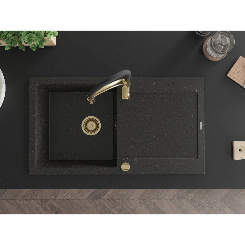Mexen Leo gránit mosogató 1 rekeszes csepegtetővel és Aster konyhai csapteleppel, fekete/arany metál - 6501-75-73450-57-G