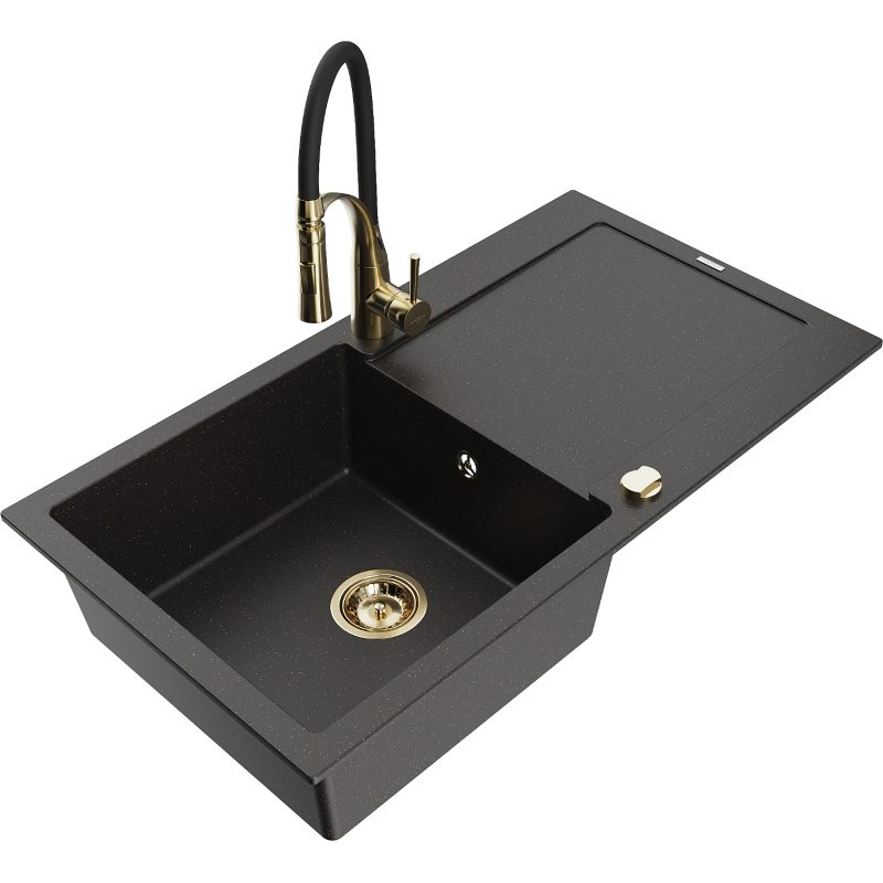 Mexen Leo chiuvetă de granit cu 1 compartiment, cu scurgător și cu baterie de bucătărie Aster, negru/auriu metalic