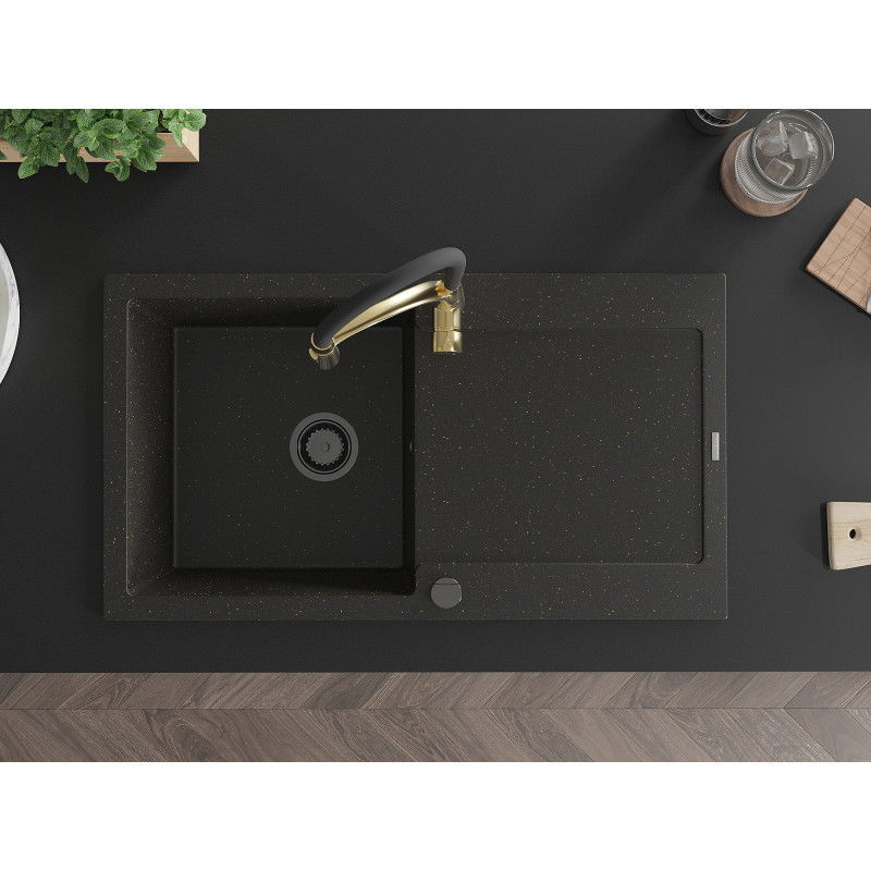 Mexen Leo chiuvetă de granit cu 1 compartiment, cu scurgător și baterie de bucătărie Aster, negru/auriu metalic