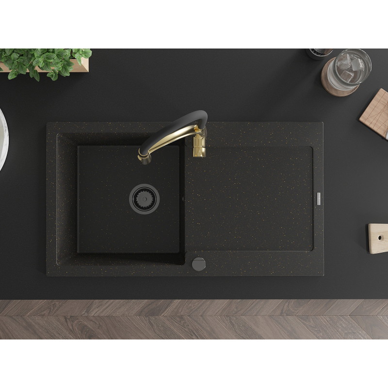 Mexen Leo egy tálcás gránit mosogató lefolyóval és Aster konyhai csapteleppel, fekete/arany metál - 6501-75-73450-57-B