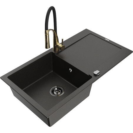 Mexen Leo chiuvetă de granit cu 1 compartiment, cu scurgător și baterie de bucătărie Aster, negru/auriu metalic
