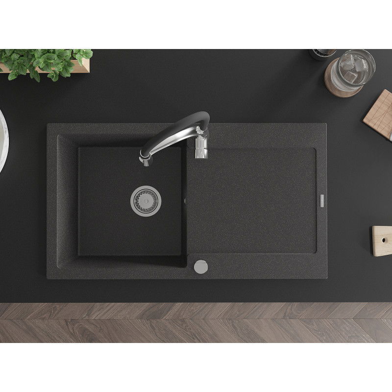 Mexen Leo egymedencés gránit mosogatógép lefolyóval és Aster konyhai csapteleppel, fekete pettyes - 6501-76-73450-07