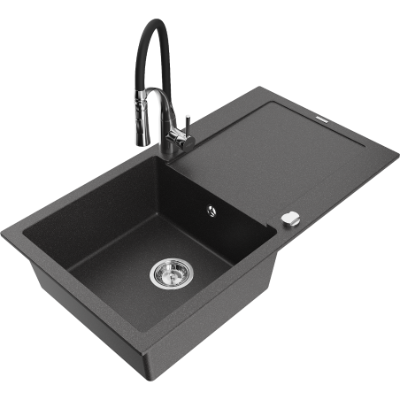Mexen Leo chiuvetă de bucătărie din granit cu o singură cuvă, cu scurgător și robinet Aster, negru stropit