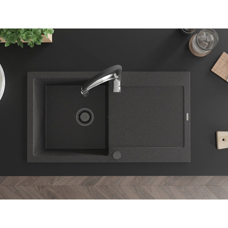 Mexen Leo chiuvetă de granit cu 1 bazin, cu uscător și baterie de bucătărie Aster, negru cu pete - 6501-76-73450-07-B