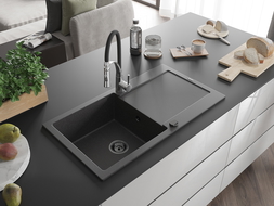 Mexen Leo chiuvetă de bucătărie din granit cu 1 compartiment cu scurgător și baterie Aster, negru stropit - 6501-76-73450-07-B