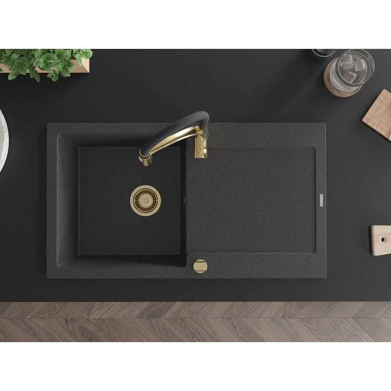 Mexen Leo chiuvetă de bucătărie din granit cu 1 cuvă și scurgător, cu baterie Aster, negru cu puncte - 6501-76-73450-57-G