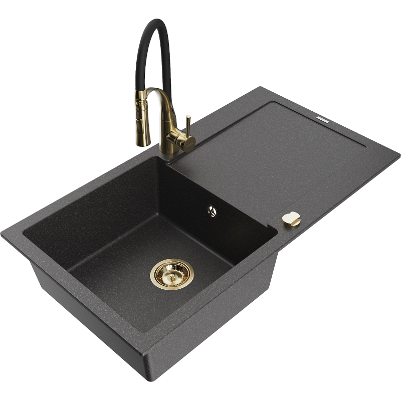 Mexen Leo chiuvetă de bucătărie din granit cu 1 cuvă și scurgător, cu baterie Aster, negru cu puncte - 6501-76-73450-57-G