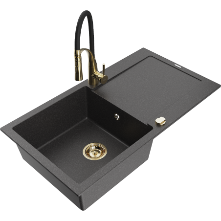 Mexen Leo chiuvetă de bucătărie din granit cu 1 cuvă și scurgător, cu baterie Aster, negru cu puncte - 6501-76-73450-57-G