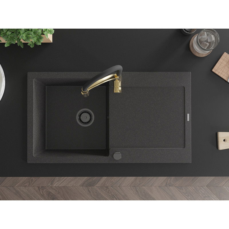 Mexen Leo gránit mosogató 1-medencés csöpögtetővel és Aster konyhai csappal, fekete pöttyös - 6501-76-73450-57-B