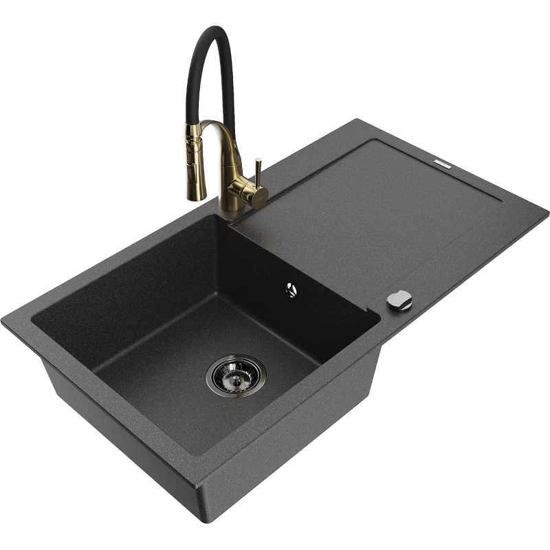 Mexen Leo chiuvetă de granit cu 1 compartiment cu scurgător și baterie de bucătărie Aster, negru cu pete - 6501-76-73450-57-B