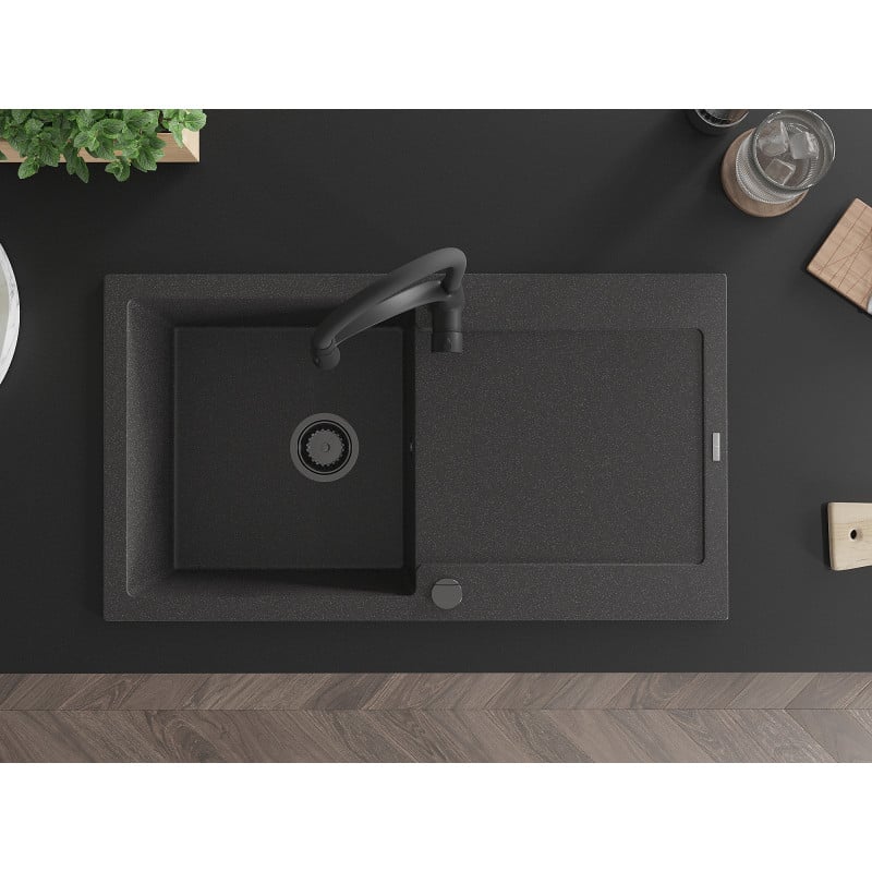 Mexen Leo chiuvetă de granit cu 1 cuvă cu scurgător și baterie de bucătărie Aster, negru pătat - 6501-76-73450-70-B