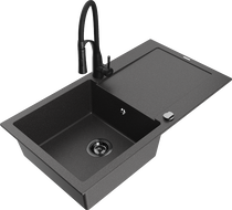 Mexen Leo chiuvetă de granit cu 1 cuvă cu scurgător și baterie de bucătărie Aster, negru pătat - 6501-76-73450-70-B