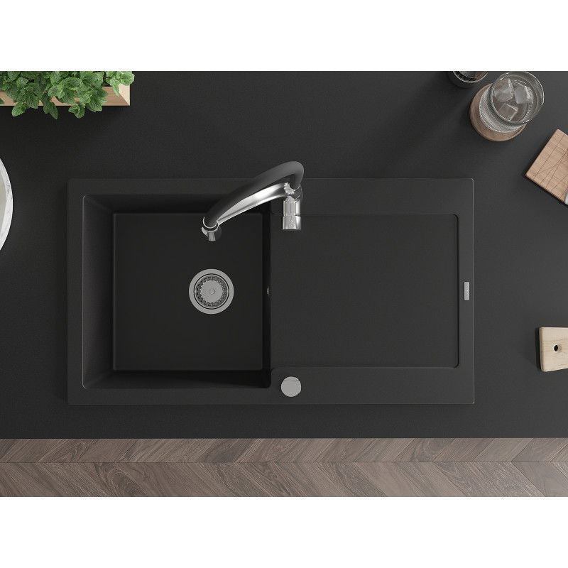 Mexen Leo chiuvetă de bucătărie din granit cu 1 cuvă cu scurgător și baterie de bucătărie Aster, negru - 6501-77-73450-07