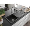 Mexen Leo chiuvetă de granit cu un compartiment, cu picurător și baterie de bucătărie Aster, Neagră - 6501-77-73450-07