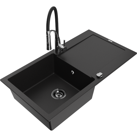 Mexen Leo gránit mosogató 1-medencés csepegtetővel és konyhai csapteleppel Aster, fekete - 6501-77-73450-07-B