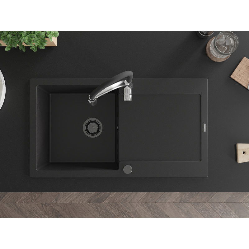 Mexen Leo chiuvetă din granit cu 1 compartiment, cu scurgător și baterie de bucătărie Aster, negru - 6501-77-73450-07-B