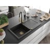 Mexen Leo chiuvetă de granit cu un compartiment, cu picurător și baterie de bucătărie Aster, Neagră - 6501-77-73450-57-G