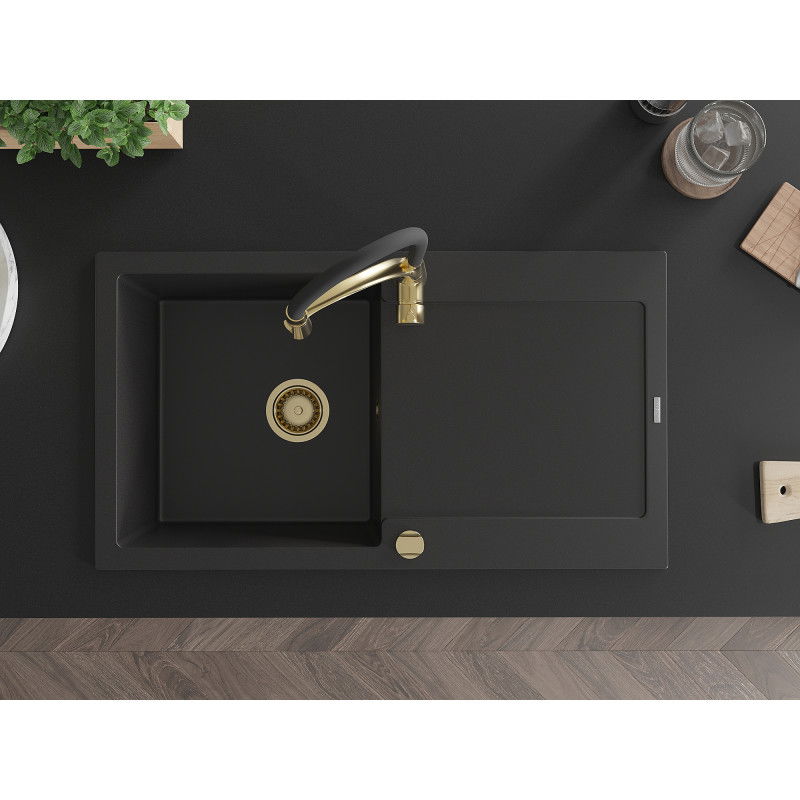 Mexen Leo chiuvetă de granit cu 1 cuvă, cu picurător și baterie de bucătărie Aster, negru - 6501-77-73450-57-G