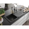 Mexen Leo chiuvetă de granit cu un compartiment, cu picurător și baterie de bucătărie Aster, Neagră - 6501-77-73450-57-B