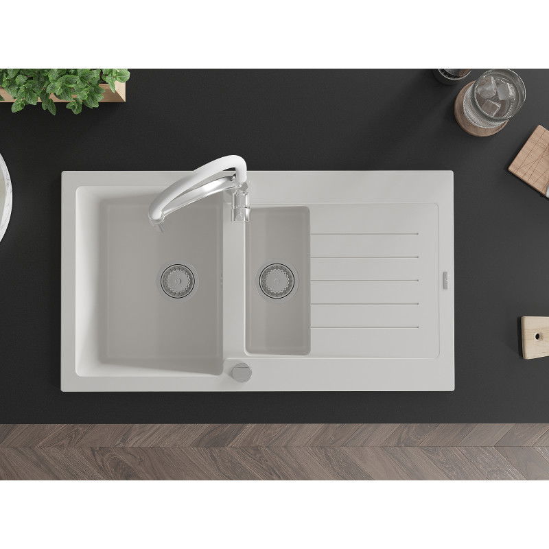 Mexen Matias 1,5-medencés gránit mosogató lefolyóval és Aster konyhai csapteleppel, fehér - 6502-20-73450-02