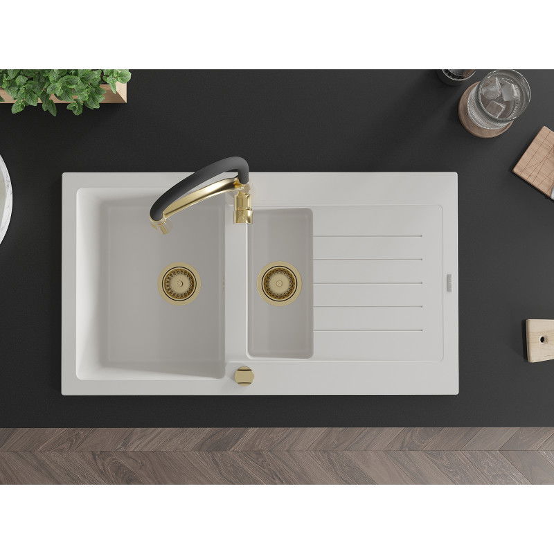 Mexen Matias chiuvetă din granit cu 1,5 compartimente cu scurgător și baterie de bucătărie Aster, alb - 6502-20-73450-57-G