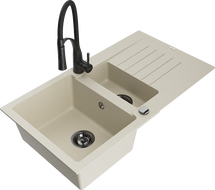 Mexen Matias 1,5 rekeszes gránit mosogató csepptálcával és Aster konyhai csappal, bézs - 6502-69-73450-70-B