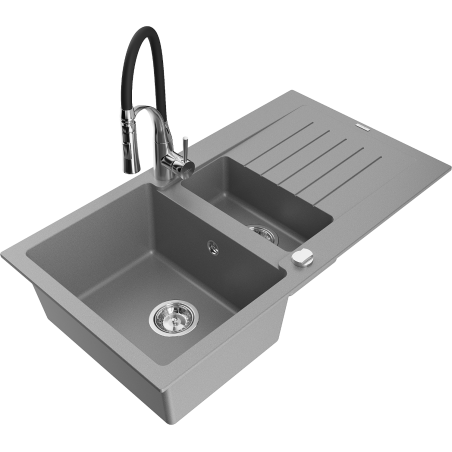 Mexen Matias chiuveta de bucătărie din granit, cu 1,5 compartimente, cu scurgător și baterie de bucătărie Aster, gri