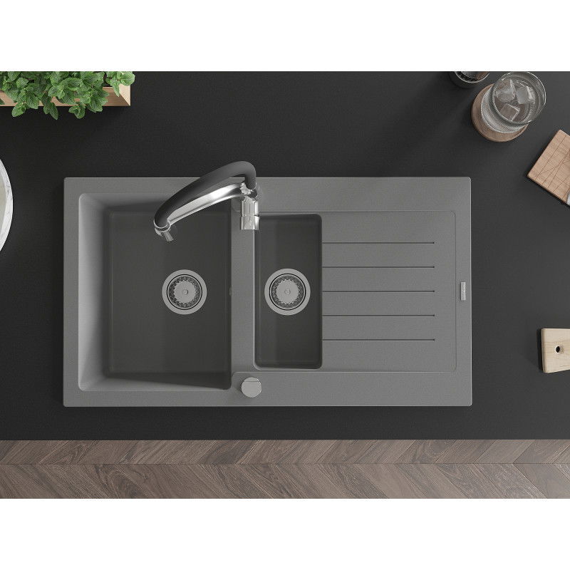 Mexen Matias chiuveta de bucătărie din granit, cu 1,5 compartimente, cu scurgător și baterie de bucătărie Aster, gri