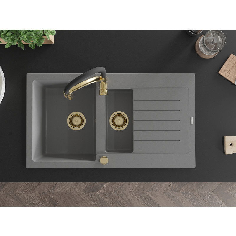 Mexen Matias chiuvetă de granit cu 1,5 compartimente și scurgător cu baterie de bucătărie Aster, gri - 6502-71-73450-57-G