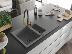 Mexen Matias chiuvetă din granit cu 1,5 compartimente cu picurător și baterie de bucătărie Aster, gri - 6502-71-73450-57-B