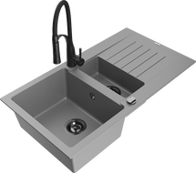 Mexen Matias chiuvetă de granit 1,5-cupe cu scurgător și baterie de bucătărie Aster, gri - 6502-71-73450-70-B