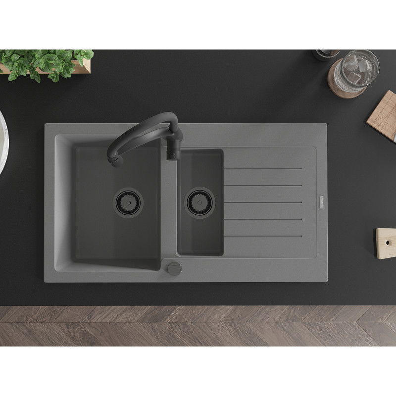 Mexen Matias gránit mosogató 1,5 rekeszes csepegtetővel és Aster konyhai csapteleppel, szürke - 6502-71-73450-70-B