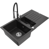 Mexen Matias chiuvetă din granit cu 1,5 cuve, cu scurgător și baterie de bucătărie Aster, negru/argintiu metalic