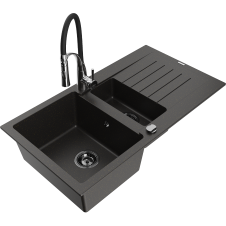 Chiuvetă granit Mexen Matias 1,5-bazină cu picurător și baterie bucătărie Aster, negru/auriu metalic - 6502-75-73450-07-B
