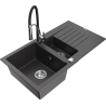 Mexen Matias chiuvetă din granit cu 1,5 cuve cu scurgător și baterie de bucătărie Aster, negru cu pete - 6502-76-73450-07