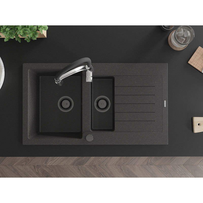 Mexen Matias chiuvetă granit 1,5 compartimente cu picurător și baterie de bucătărie Aster, negru cu pete - 6502-76-73450-07-B