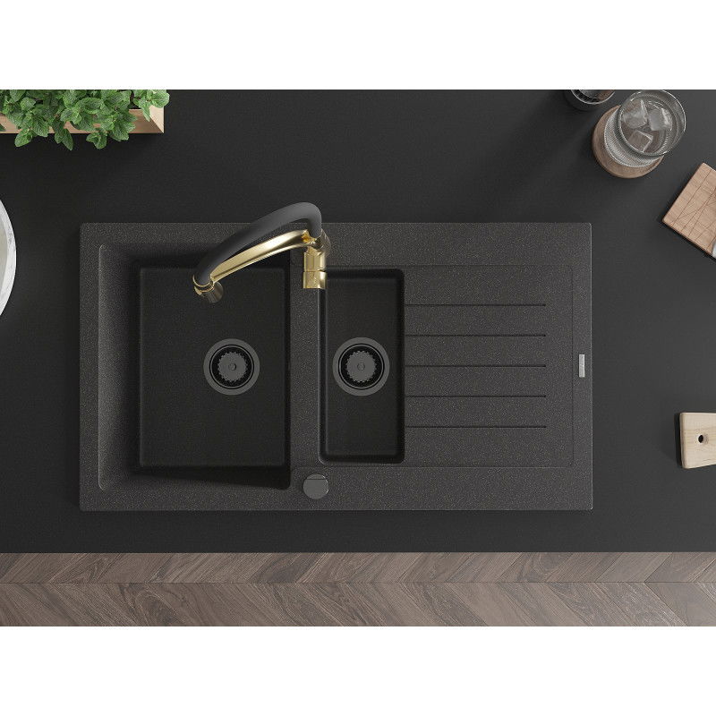 Mexen Matias 1,5 rekeszes, gránit mosogató lefolyóval és Aster konyhai csapteleppel, fekete pettyes - 6502-76-73450-57-B