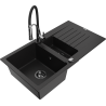 Mexen Matias chiuvetă de granit cu 1,5 compartimente, cu scurgător și baterie de bucătărie Aster, neagră