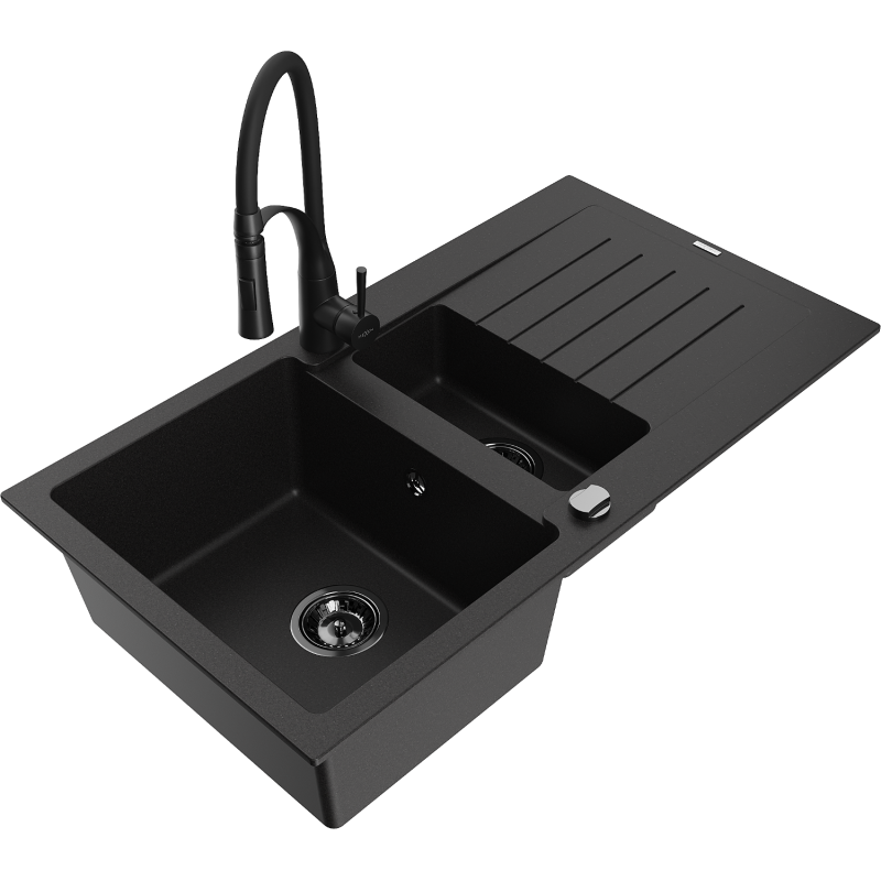 Mexen Matias chiuvetă de bucătărie din granit cu 1,5 compartimente, cu scurgător și baterie de bucătărie Aster, negru