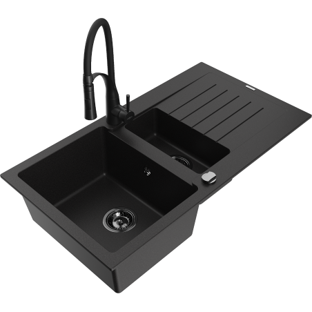 Mexen Matias chiuvetă de bucătărie din granit cu 1,5 compartimente, cu scurgător și baterie de bucătărie Aster, negru