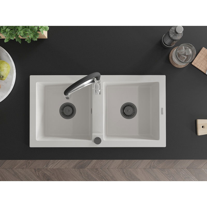 Mexen Mario 2 rekeszes gránit mosogató konyhai csappal Aster, fehér - 6504-20-73450-07-B