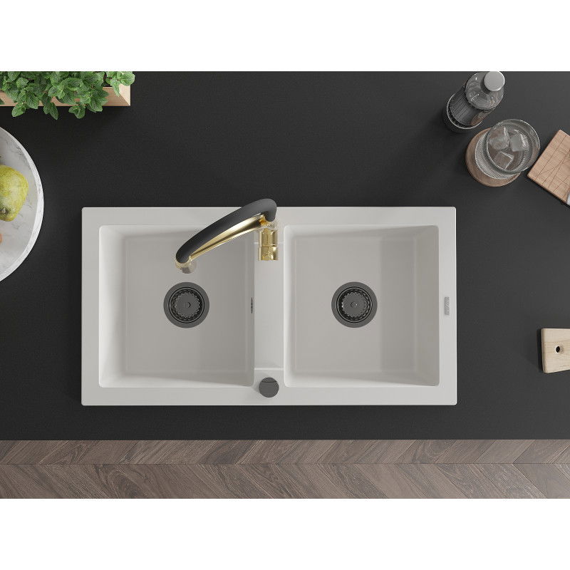 Mexen Mario chiuvetă de bucătărie din granit cu 2 compartimente cu robinet de bucătărie Aster, alb - 6504-20-73450-57-B