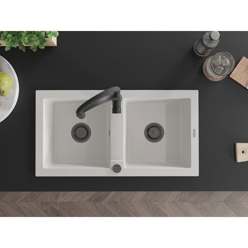 Mexen Mario 2-medencés gránit mosogató konyhai csappal Aster, fehér - 6504-20-73450-70-B
