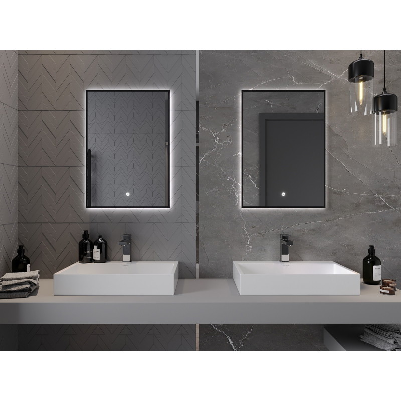 Mexen Erma 50 x 70 cm-es, LED 6000K világítású, páramentes fürdőszobai tükör, fekete keret - 9814-050-070-611-70