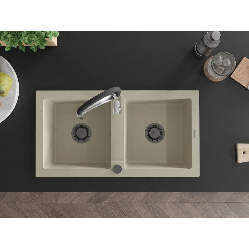 Mexen Mario chiuvetă de granit cu 2 compartimente și baterie de bucătărie Aster, bej - 6504-69-73450-07-B